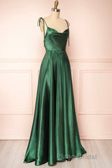 Elegant Backless Green Satin Long Formal Prom Dresses, Backless Green Formal Graduation Evening Dress