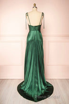 Elegant Backless Green Satin Long Formal Prom Dresses, Backless Green Formal Graduation Evening Dress