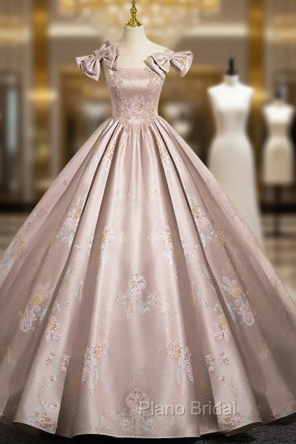 Elegant Ball Gown Pink Beaded Floral Appliques Quinceanera Dresses