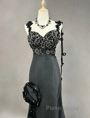 Elegant Black Mermaid Satin Beaded Sequin Long Formal Prom Dresses, Sweetheart Neck Evening Dresses