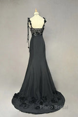 Elegant Black Mermaid Satin Beaded Sequin Long Formal Prom Dresses, Sweetheart Neck Evening Dresses