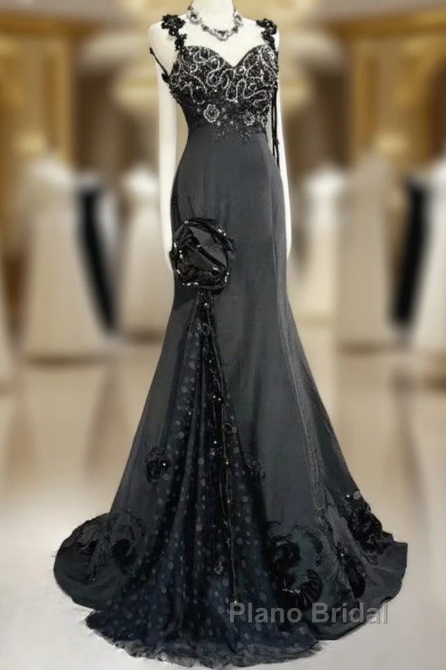 Elegant Black Mermaid Satin Beaded Sequin Long Formal Prom Dresses, Sweetheart Neck Evening Dresses Main image