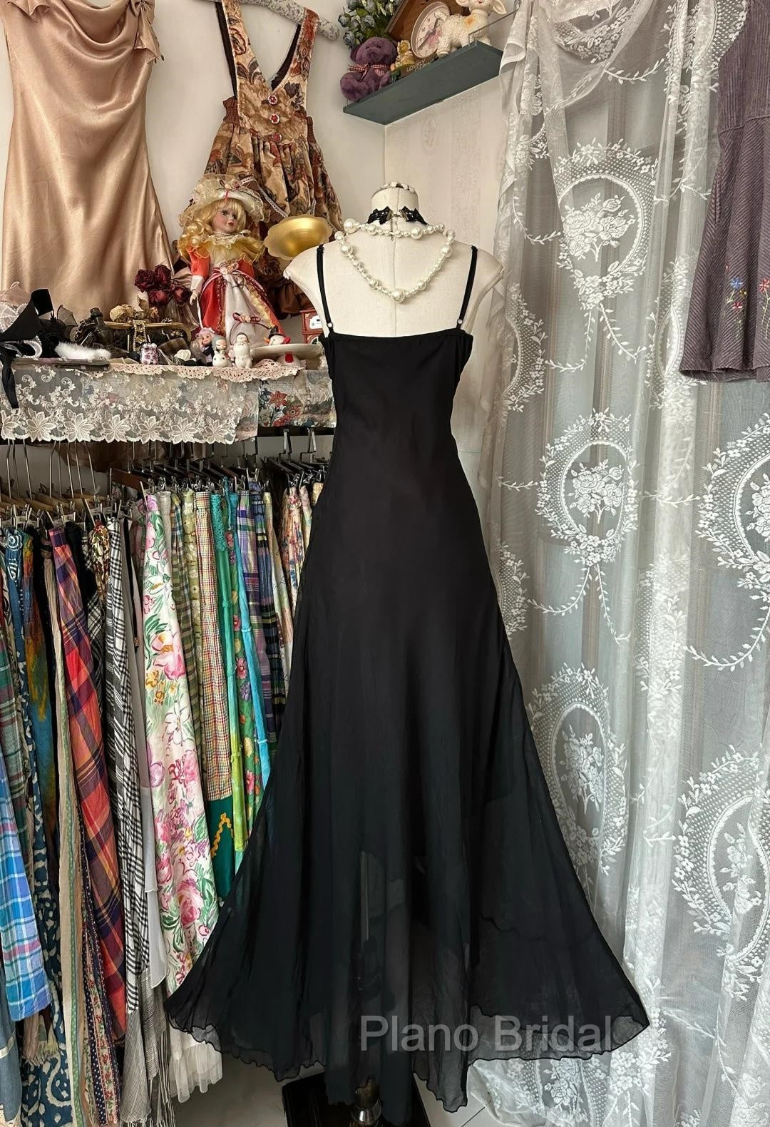 Elegant Black Spaghetti Strap Mermaid Chiffon Formal Prom Dresses