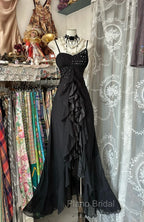 Elegant Black Spaghetti Strap Mermaid Chiffon Formal Prom Dresses