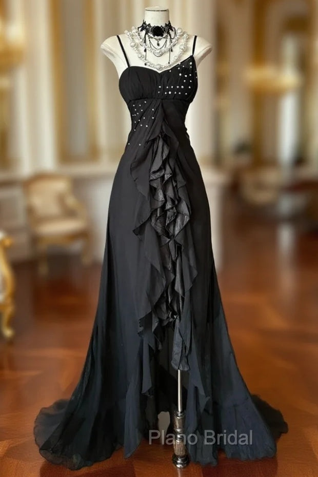 Elegant Black Spaghetti Strap Mermaid Chiffon Formal Prom Dresses Main image