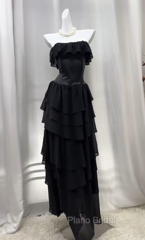 Elegant Black Strapless A-Line Layered Chiffon Long Formal Prom Dresses Graduation Formal Prom Dresses