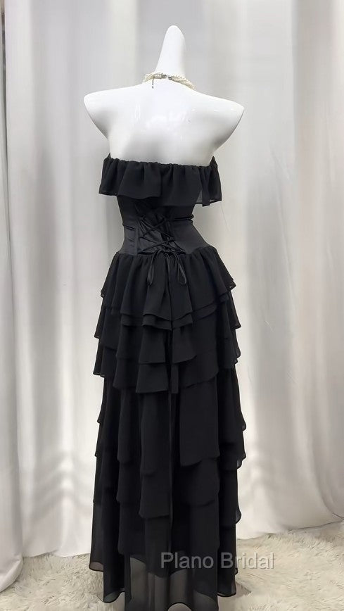 Elegant Black Strapless A-Line Layered Chiffon Long Formal Prom Dresses Graduation Formal Prom Dresses
