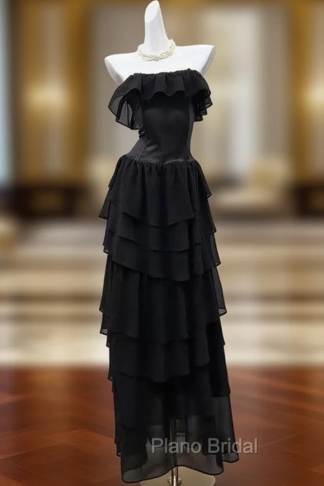 Elegant Black Strapless A-Line Layered Chiffon Long Formal Prom Dresses Graduation Formal Prom Dresses