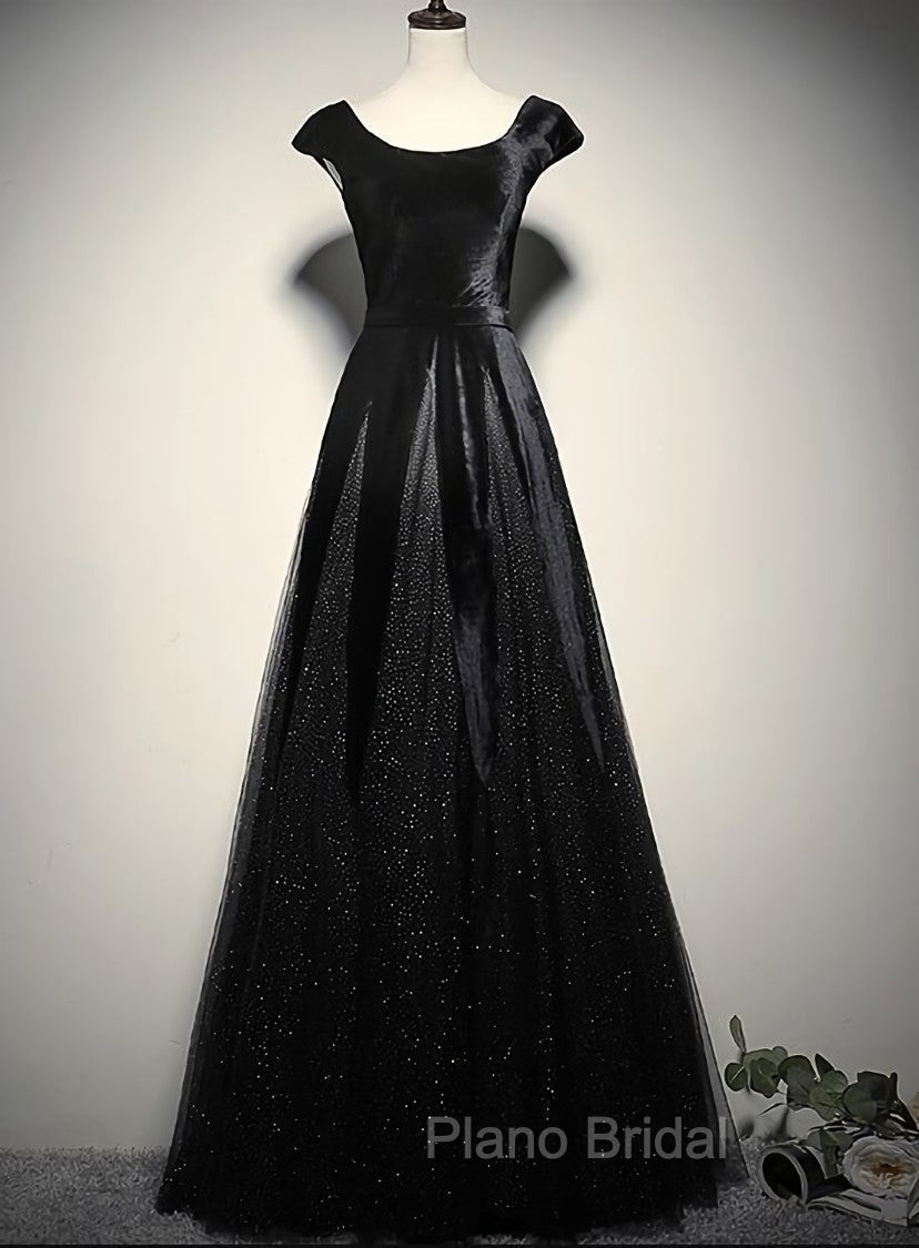Elegant Black Velvet Cap Sleeves Evening Dresses, Black Formal Prom Dresses Main image