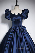 Elegant Blue Satin Formal Prom Dresses, Square Neckline Puffy Short Sleeve Bow Backless Floor-Length Formal Dresses
