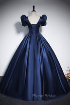 Elegant Blue Satin Formal Prom Dresses, Square Neckline Puffy Short Sleeve Bow Backless Floor-Length Formal Dresses