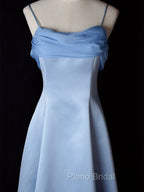 Elegant Blue Satin Spaghetti Straps Evening Gown A Line Long Party Dresses Formal Prom Dresses
