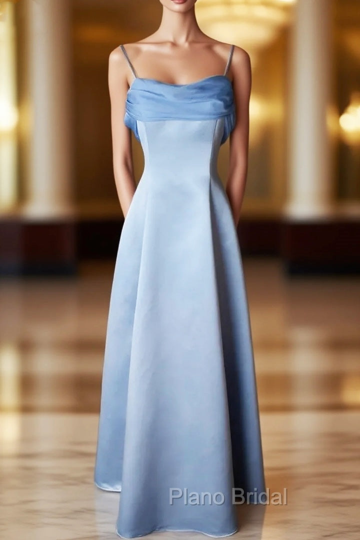 Elegant Blue Satin Spaghetti Straps Evening Gown A Line Long Party Dresses Formal Prom Dresses