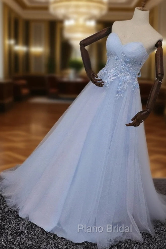 Elegant Blue Tulle Sweetheart Party Dresses Formal Dresses, Blue Lace Applique Formal Prom Dresses 2025