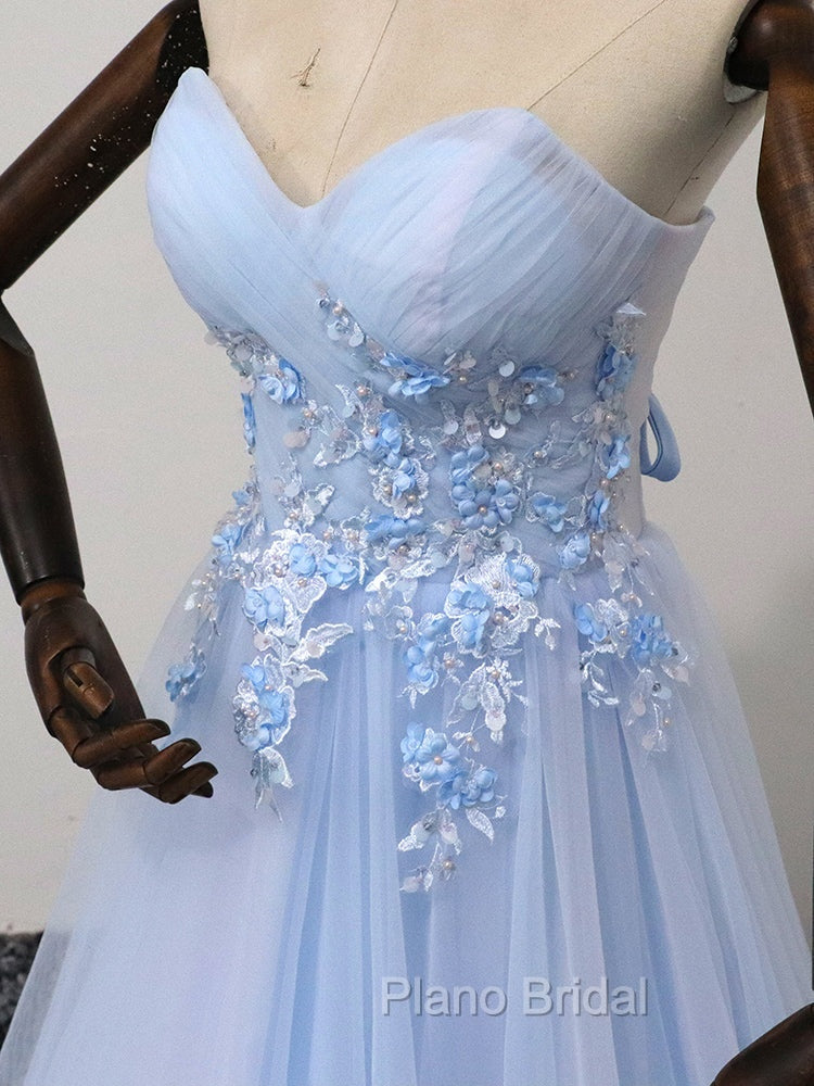 Elegant Blue Tulle Sweetheart Party Dresses Formal Dresses, Blue Lace Applique Formal Prom Dresses 2025
