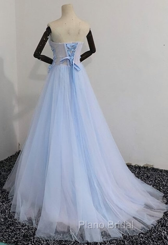 Elegant Blue Tulle Sweetheart Party Dresses Formal Dresses, Blue Lace Applique Formal Prom Dresses 2025
