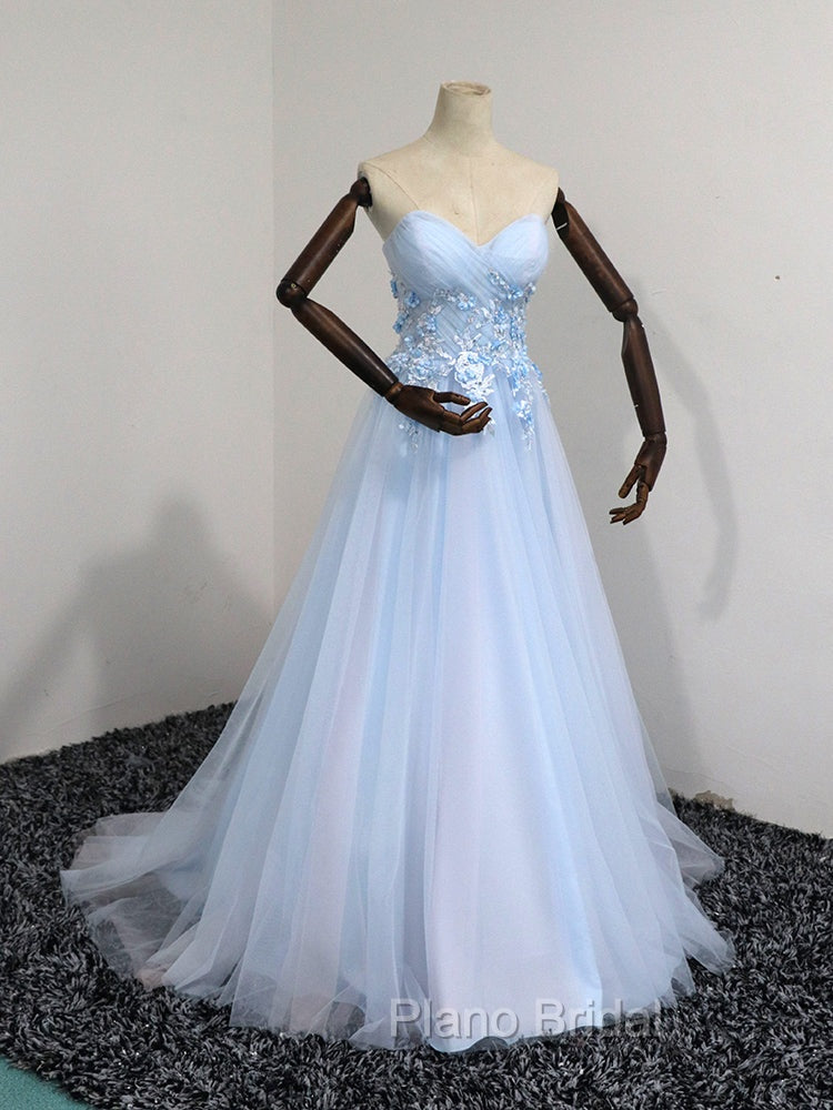Elegant Blue Tulle Sweetheart Party Dresses Formal Dresses, Blue Lace Applique Formal Prom Dresses 2025