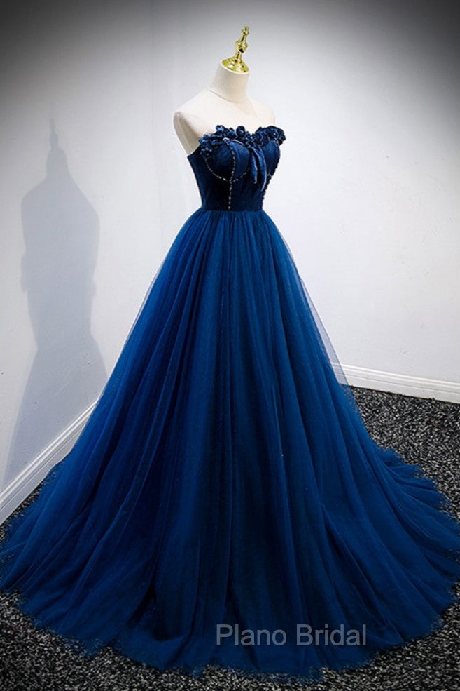 Elegant Blue Velvet And Tulle Long Formal Prom Dresses Strapless Secondary image