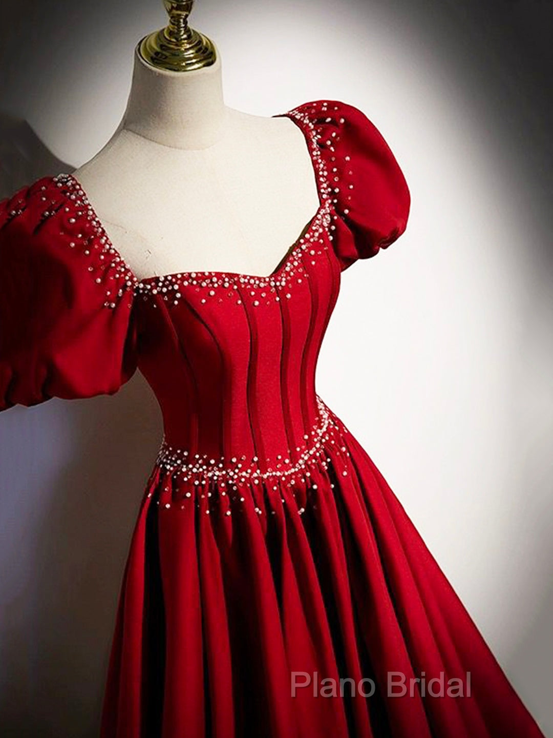 Elegant Burgundy Floor Length Formal Prom Dresses, A-Line Beading Puffy Short Sleeve Backless Formal Dresses Secondary image