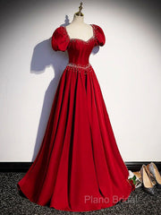 Elegant Burgundy Floor Length Formal Prom Dresses, A-Line Beading Puffy Short Sleeve Backless Formal Dresses