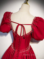 Elegant Burgundy Floor Length Formal Prom Dresses, A-Line Beading Puffy Short Sleeve Backless Formal Dresses