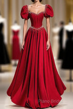 Elegant Burgundy Floor Length Formal Prom Dresses, A-Line Beading Puffy Short Sleeve Backless Formal Dresses