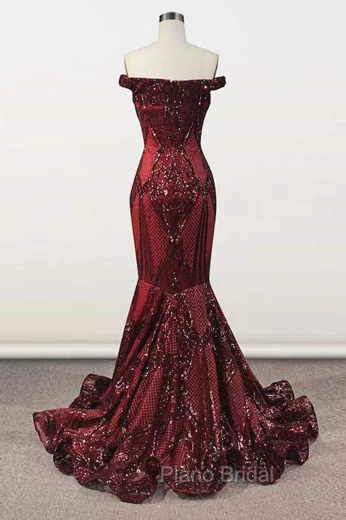 Elegant Burgundy Off-the-shoulder Mermaid Formal Prom Dresses Secondary image