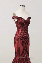 Elegant Burgundy Off-the-shoulder Mermaid Formal Prom Dresses
