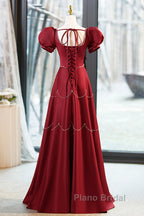 Elegant Burgundy Satin Long Formal Prom Dresses With Beaded, Burgundy Short Sleeve Evening Dresses