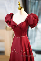 Elegant Burgundy Satin Long Formal Prom Dresses With Beaded, Burgundy Short Sleeve Evening Dresses