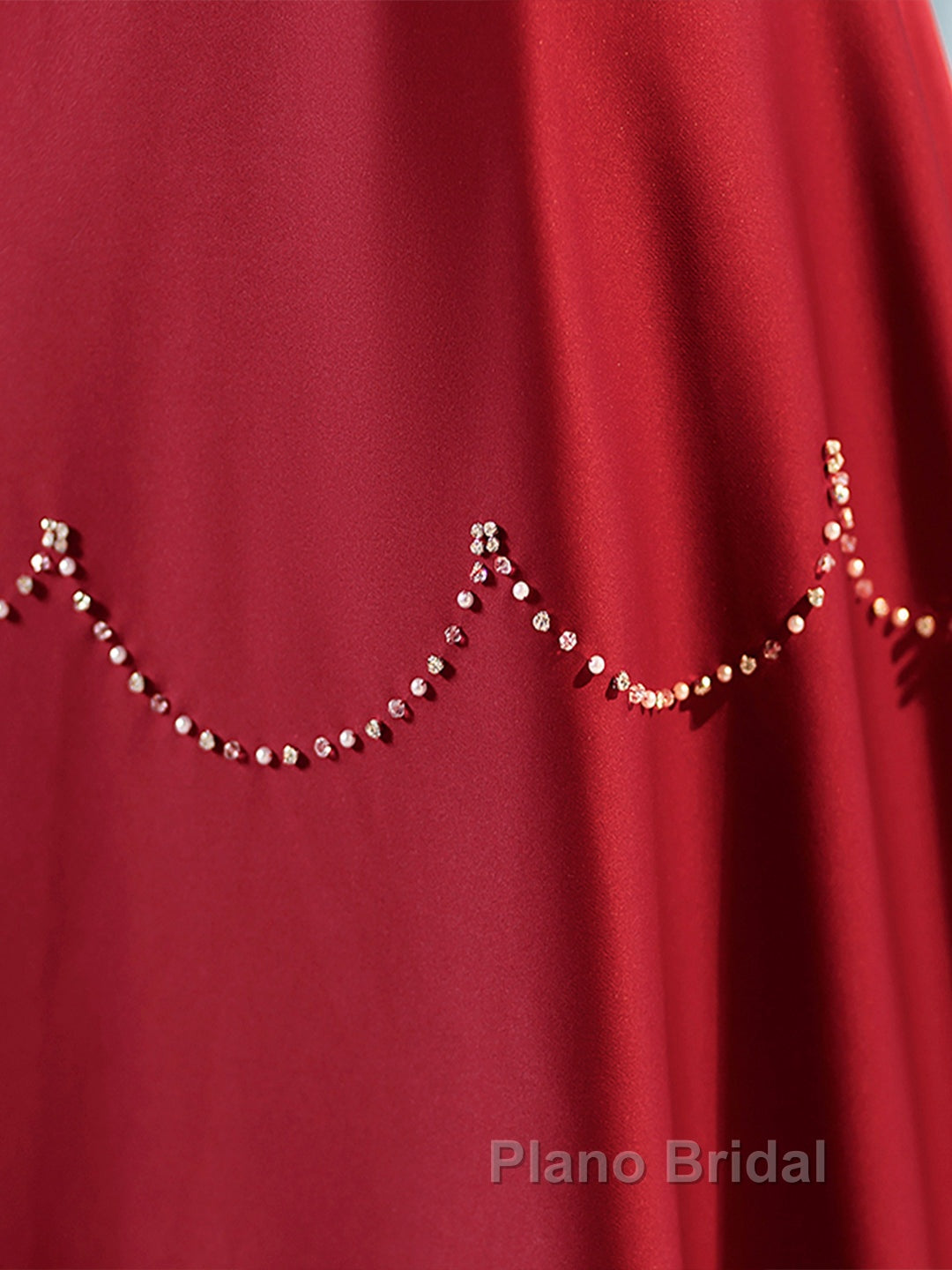 Elegant Burgundy Satin Long Formal Prom Dresses With Beaded, Burgundy Short Sleeve Evening Dresses