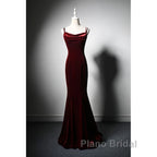Elegant Burgundy Spaghetti Straps Velvet Mermaid Formal Prom Dresses Evening Dresses