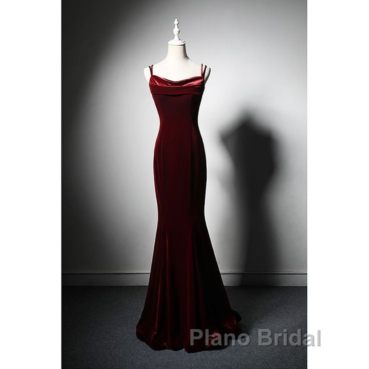 Elegant Burgundy Spaghetti Straps Velvet Mermaid Formal Prom Dresses Evening Dresses