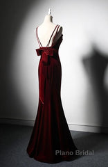 Elegant Burgundy Spaghetti Straps Velvet Mermaid Formal Prom Dresses Evening Dresses