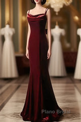 Elegant Burgundy Spaghetti Straps Velvet Mermaid Formal Prom Dresses Evening Dresses