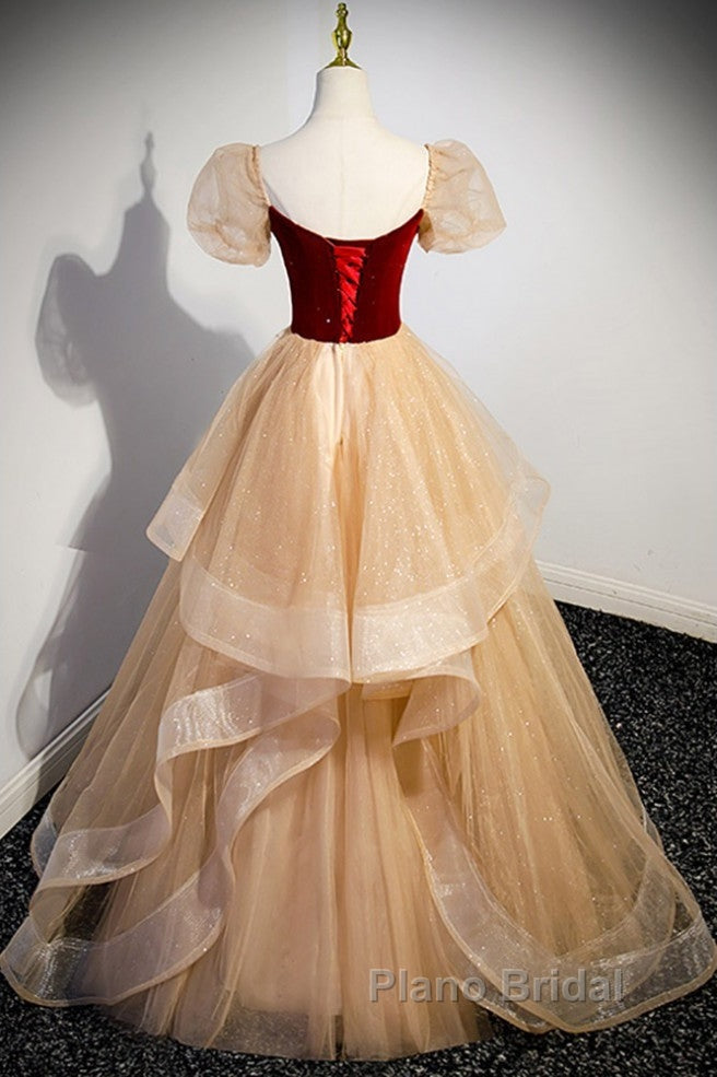 Elegant Burgundy Sparkling Sequin Square Neck Fluffy Short Sleeved Ball Dresses, Burgundy Princess Sheer Backless Strap, Floor Length Layered Ruffle Edge Formal Prom Dresses Secondary image