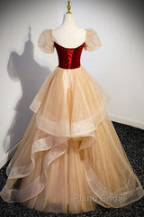 Elegant Burgundy Sparkling Sequin Square Neck Fluffy Short Sleeved Ball Dresses, Burgundy Princess Sheer Backless Strap, Floor Length Layered Ruffle Edge Formal Prom Dresses