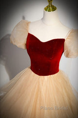 Elegant Burgundy Sparkling Sequin Square Neck Fluffy Short Sleeved Ball Dresses, Burgundy Princess Sheer Backless Strap, Floor Length Layered Ruffle Edge Formal Prom Dresses