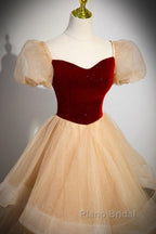 Elegant Burgundy Sparkling Sequin Square Neck Fluffy Short Sleeved Ball Dresses, Burgundy Princess Sheer Backless Strap, Floor Length Layered Ruffle Edge Formal Prom Dresses