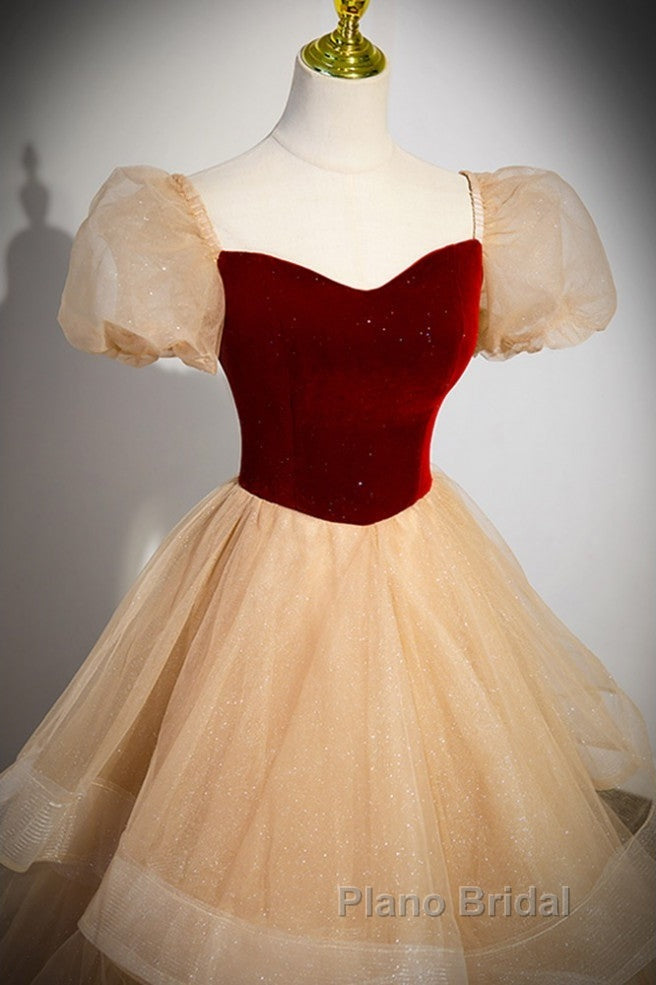 Elegant Burgundy Sparkling Sequin Square Neck Fluffy Short Sleeved Ball Dresses, Burgundy Princess Sheer Backless Strap, Floor Length Layered Ruffle Edge Formal Prom Dresses