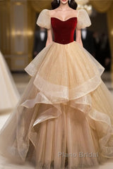 Elegant Burgundy Sparkling Sequin Square Neck Fluffy Short Sleeved Ball Dresses, Burgundy Princess Sheer Backless Strap, Floor Length Layered Ruffle Edge Formal Prom Dresses