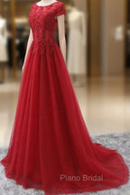 Elegant Cap Sleeve Lace Applique Tulle Party Dresses, Formal Prom Gowns
