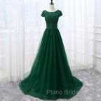 Elegant Cap Sleeve Lace Applique Tulle Party Dresses, Formal Prom Gowns