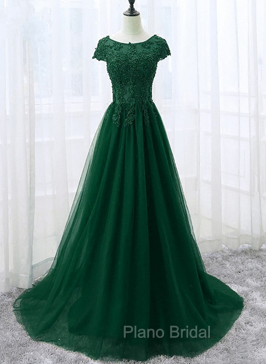 Elegant Cap Sleeve Lace Applique Tulle Party Dresses, Formal Prom Gowns Main image