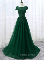 Elegant Cap Sleeve Lace Applique Tulle Party Dresses, Formal Prom Gowns