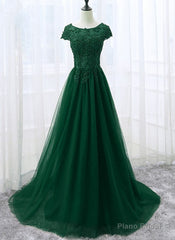 Elegant Cap Sleeve Lace Applique Tulle Party Dress, Prom Gowns