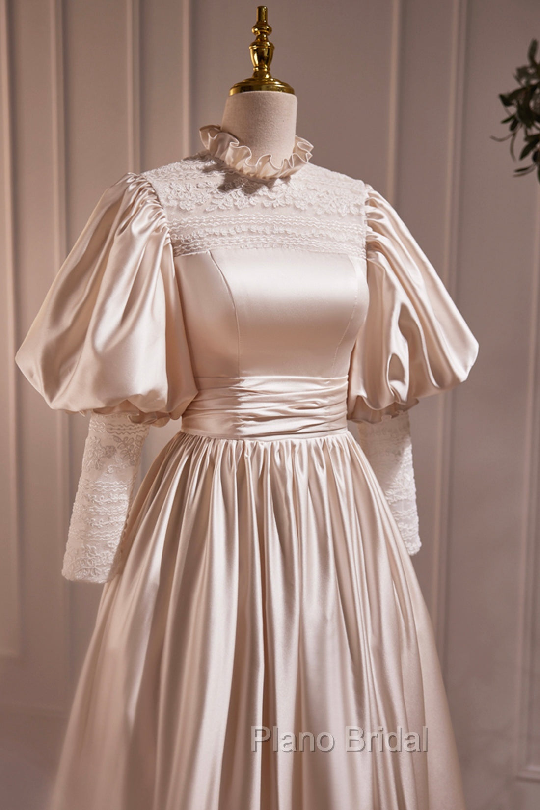 Elegant Champagne Satin A-Line Formal Prom Dresses, Champagne Ruffle High Neck Puffy Short Sleeve Backless Evening Dresses