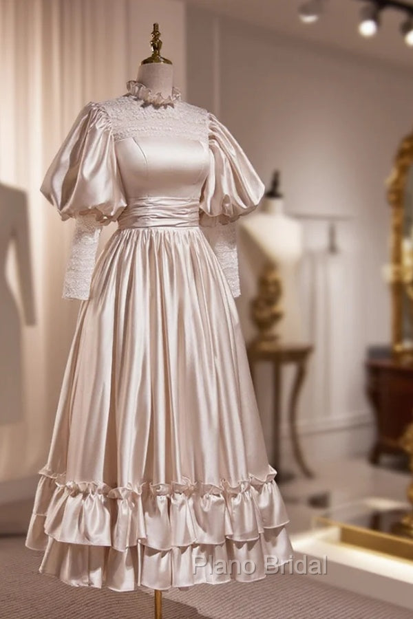 Elegant Champagne Satin A-Line Formal Prom Dresses, Champagne Ruffle High Neck Puffy Short Sleeve Backless Evening Dresses