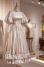 Elegant Champagne Satin A-Line Formal Prom Dresses, Champagne Ruffle High Neck Puffy Short Sleeve Backless Evening Dresses