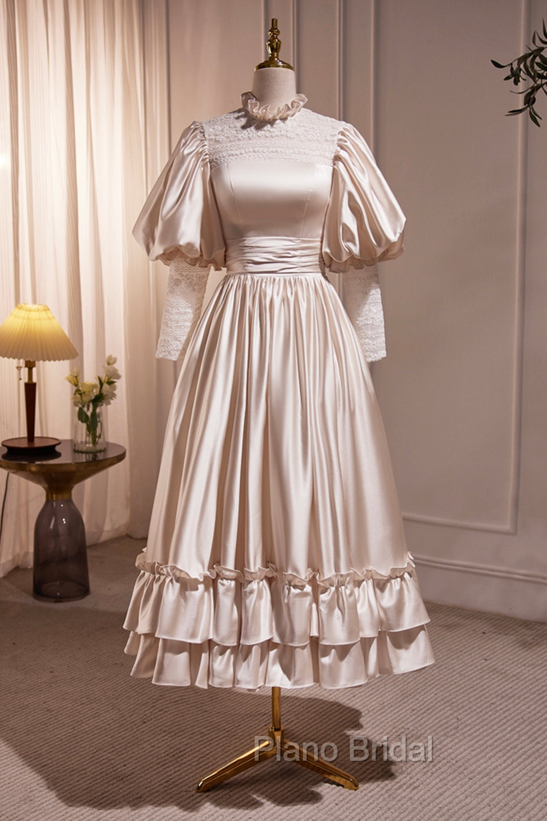 Elegant Champagne Satin A-Line Formal Prom Dresses, Champagne Ruffle High Neck Puffy Short Sleeve Backless Evening Dresses